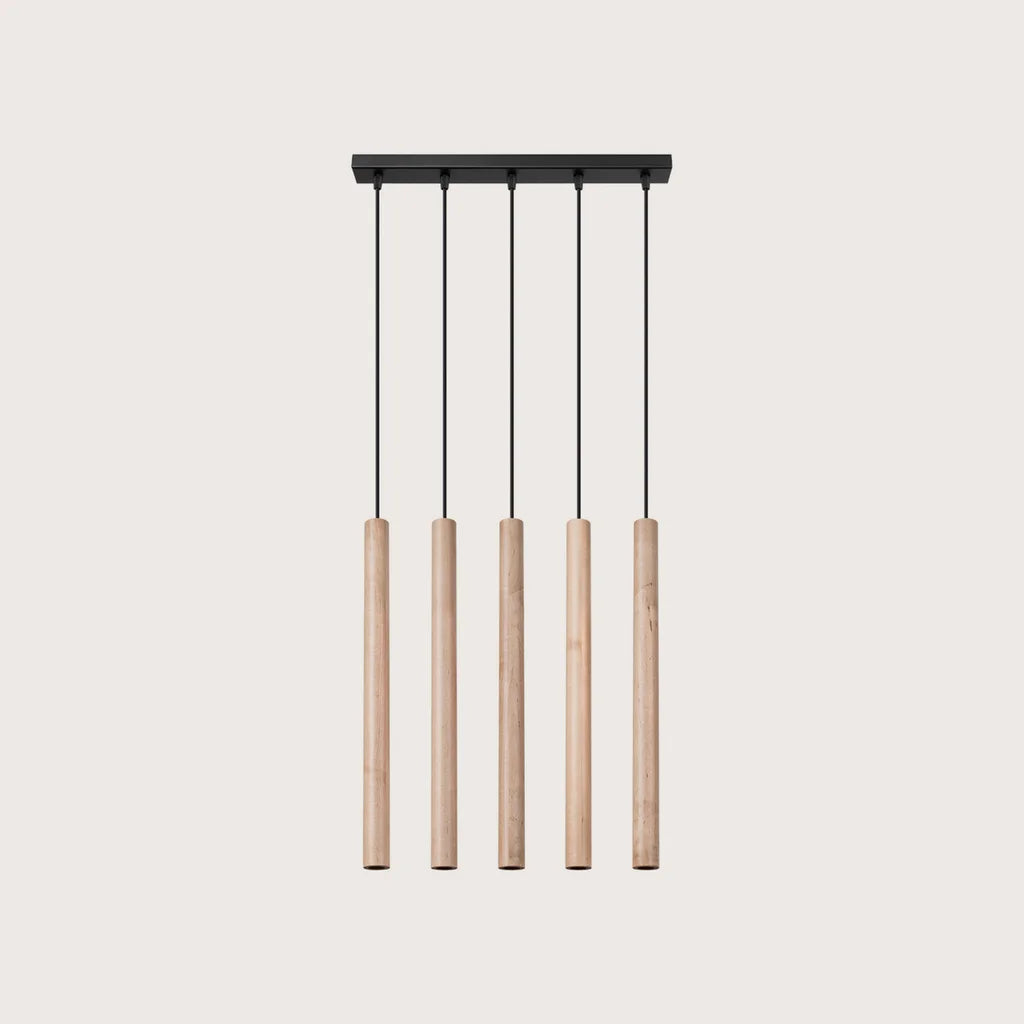 Suspension tube fin façon bougie, coloris bois naturel (5 lumières – barre 45 cm – acier)