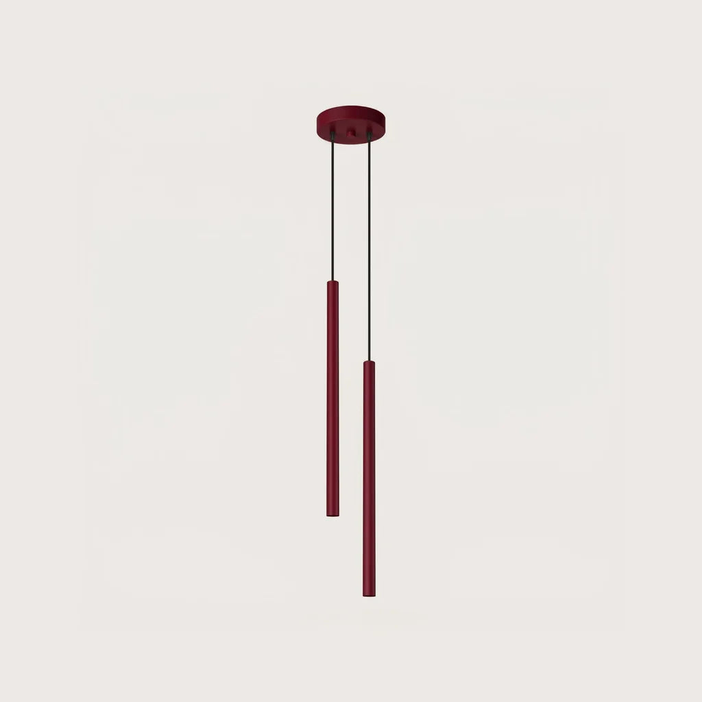 Suspension tube fin façon bougie, coloris bordeaux (2 lumières – rosace Ø 15 cm – acier)