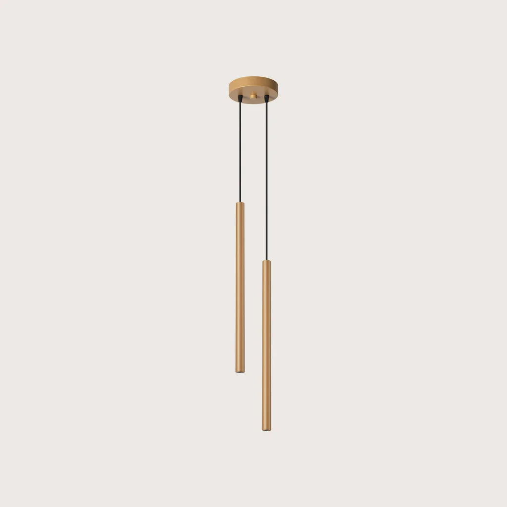 Suspension tube fin façon bougie, coloris doré (2 lumières – rosace Ø 15 cm – acier)