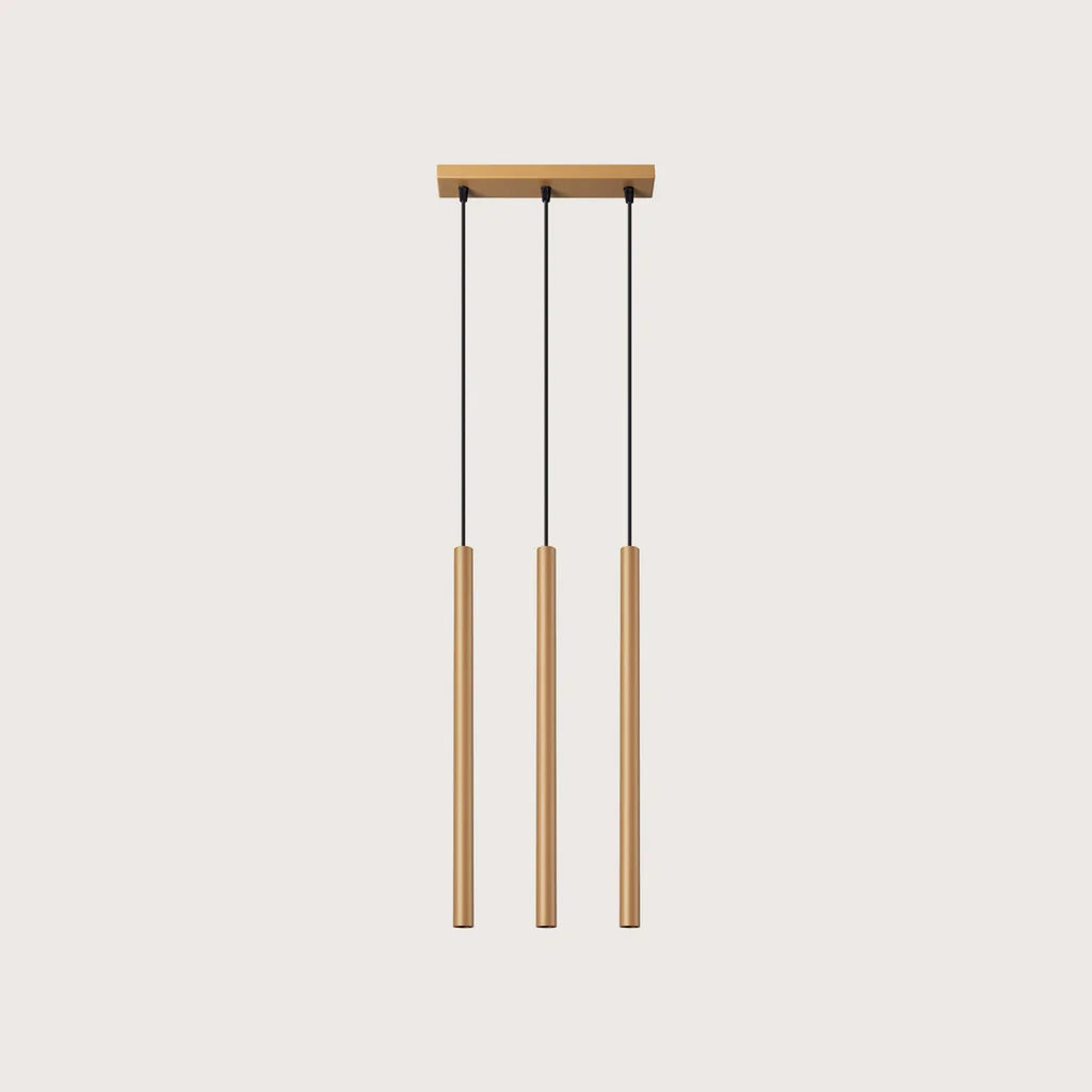 Suspension tube fin façon bougie, coloris doré (3 lumières – barre 30 cm – acier)