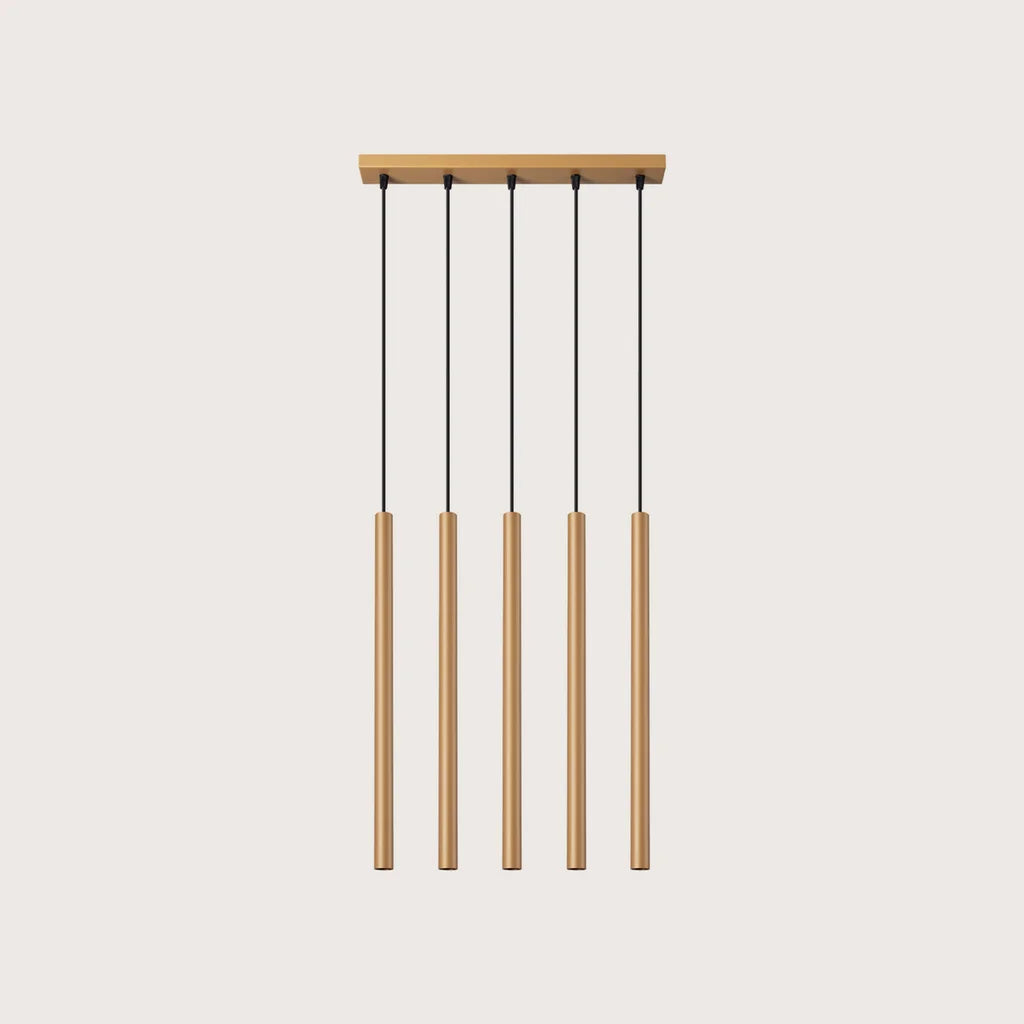 Suspension tube fin façon bougie, coloris doré (5 lumières – barre 45 cm – acier)