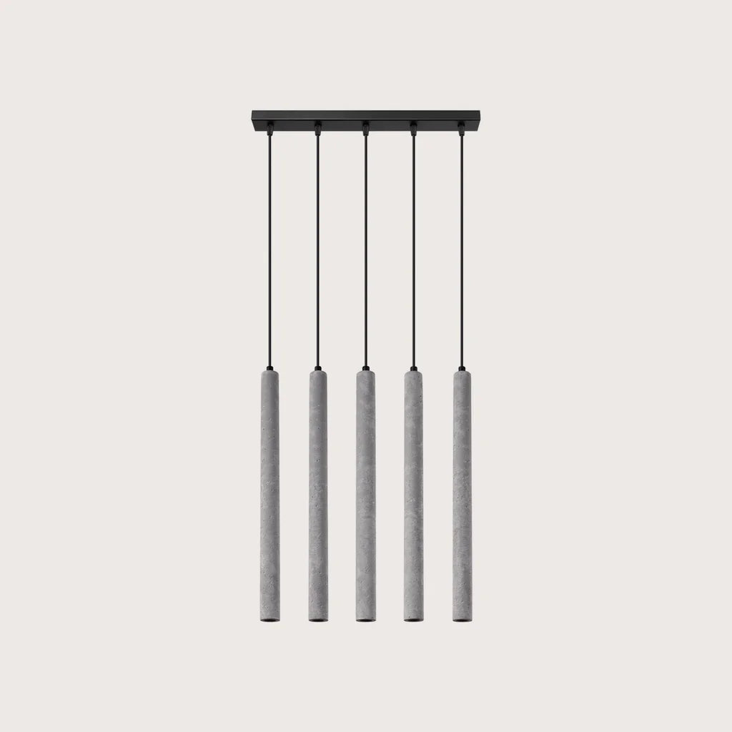 Suspension tube fin façon bougie, coloris gris (5 lumières – barre 45 cm – béton)