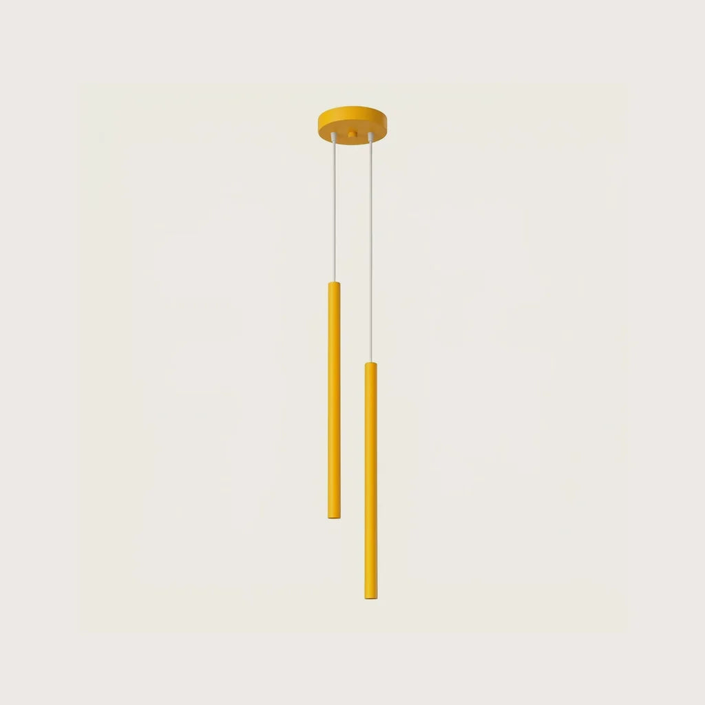 Suspension tube fin façon bougie, coloris jaune (2 lumières – rosace Ø 15 cm – acier)