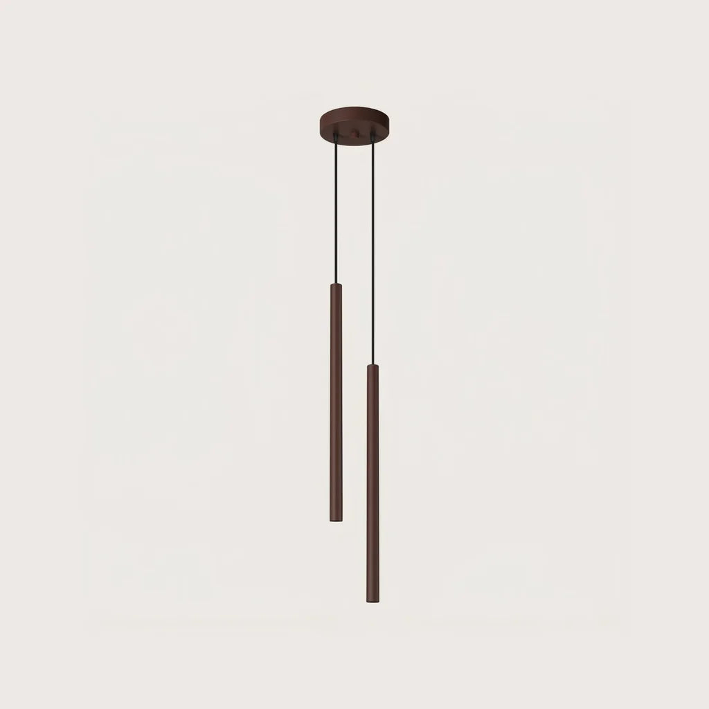 Suspension tube fin façon bougie, coloris marron (2 lumières – rosace Ø 15 cm – acier)
