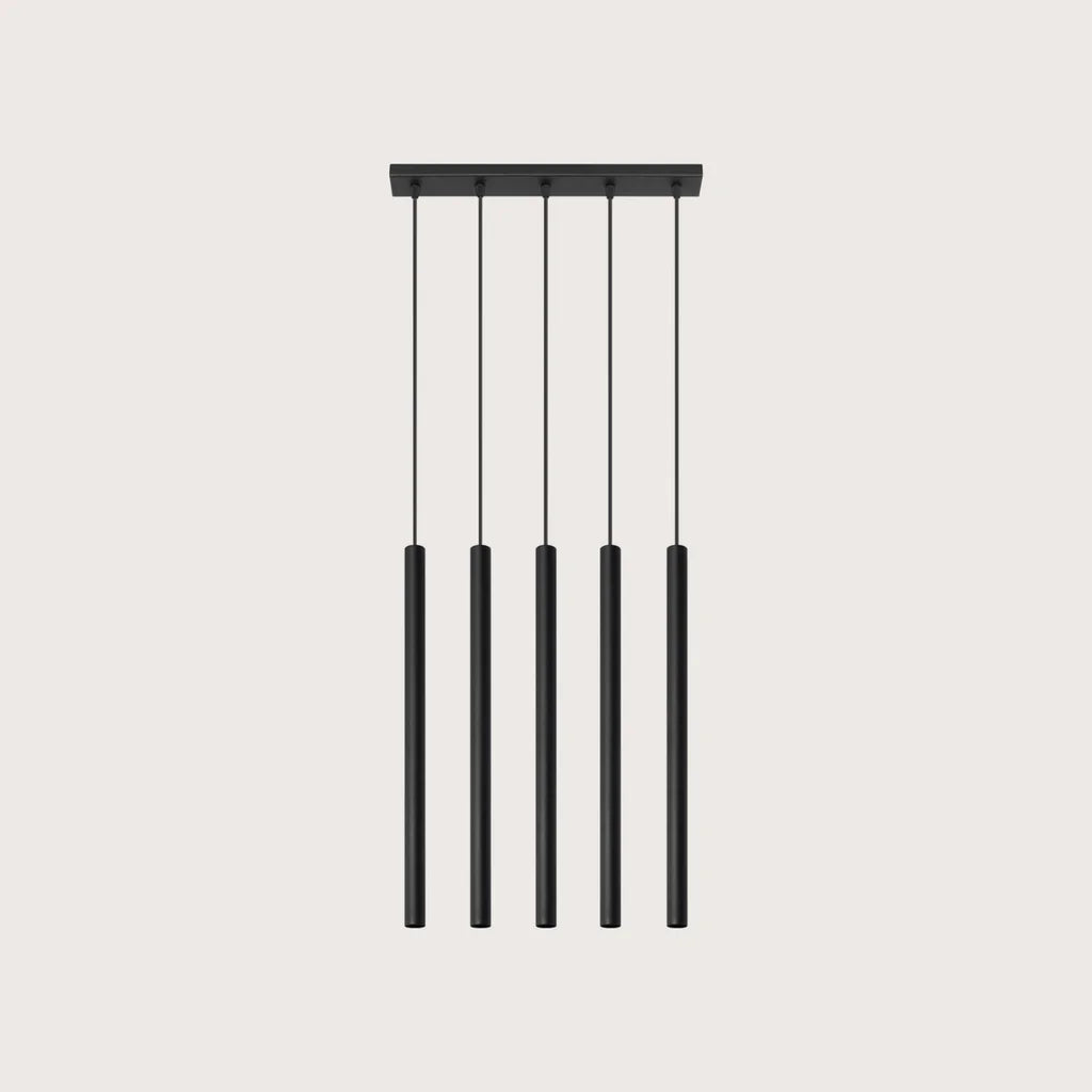 Suspension tube fin façon bougie, coloris noir (5 lumières – barre 45 cm – acier)