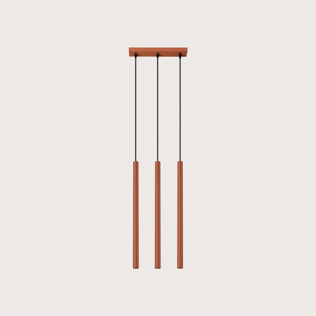 Suspension tube fin façon bougie, coloris ocre rouge (3 lumières – barre 30 cm – acier)