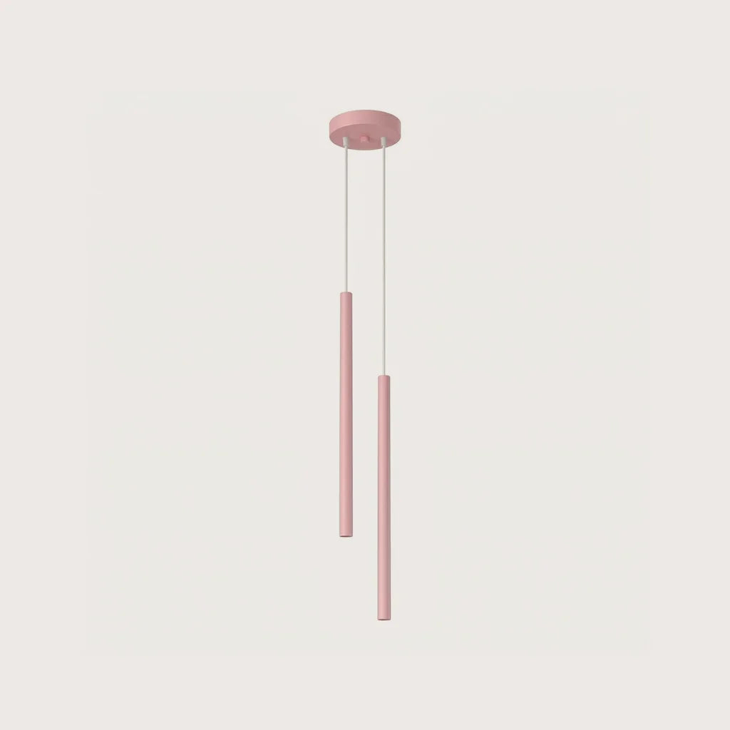 Suspension tube fin façon bougie, coloris rose (2 lumières – rosace Ø 15 cm – acier)