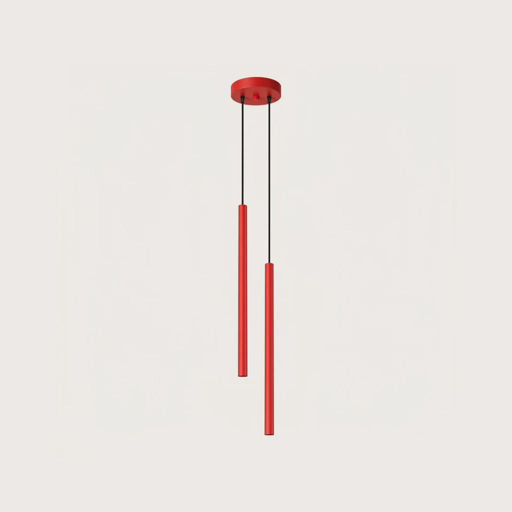 Suspension tube fin façon bougie, coloris rouge (2 lumières – rosace Ø 15 cm – acier)