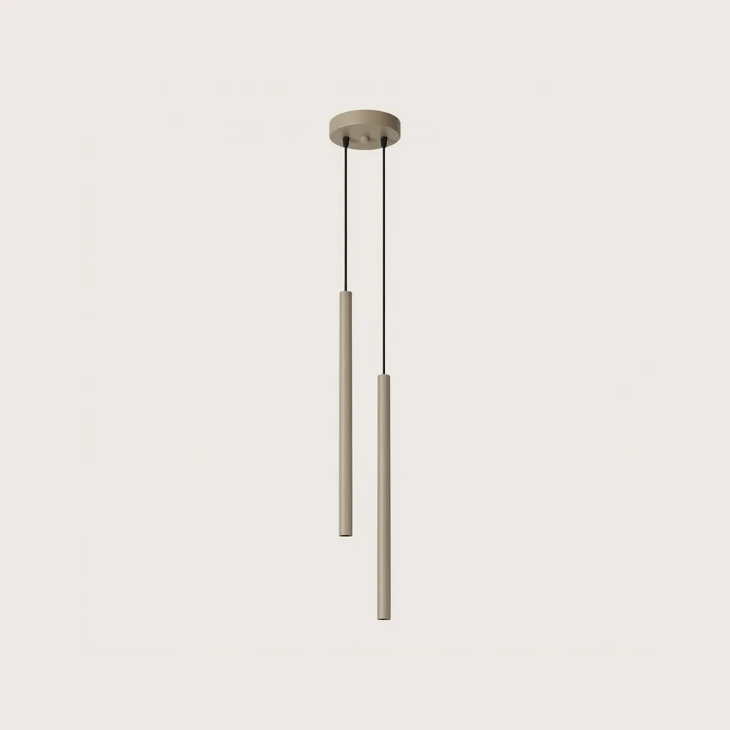 Suspension tube fin façon bougie, coloris taupe (2 lumières – rosace Ø 15 cm – acier)