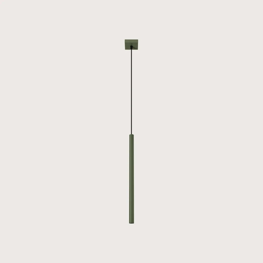 Suspension tube fin façon bougie, coloris vert olive (1 lumière – acier)