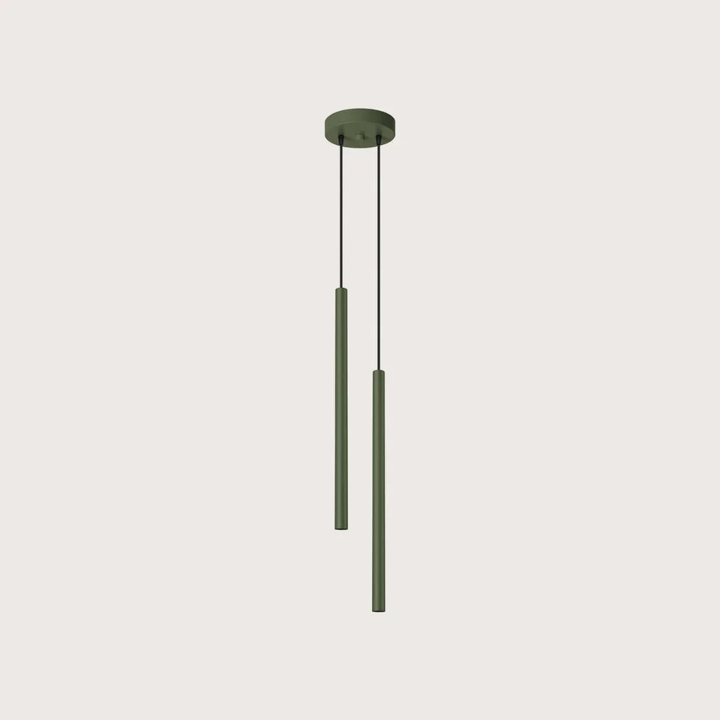 Suspension tube fin façon bougie, coloris vert olive (2 lumières – rosace Ø 15 cm – acier)