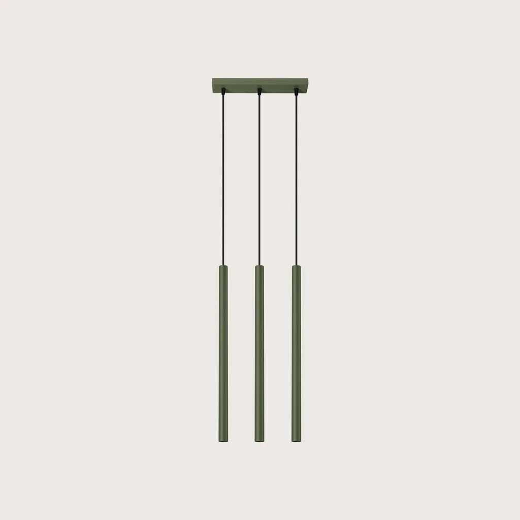 Suspension tube fin façon bougie, coloris vert olive (3 lumières – barre 30 cm – acier)