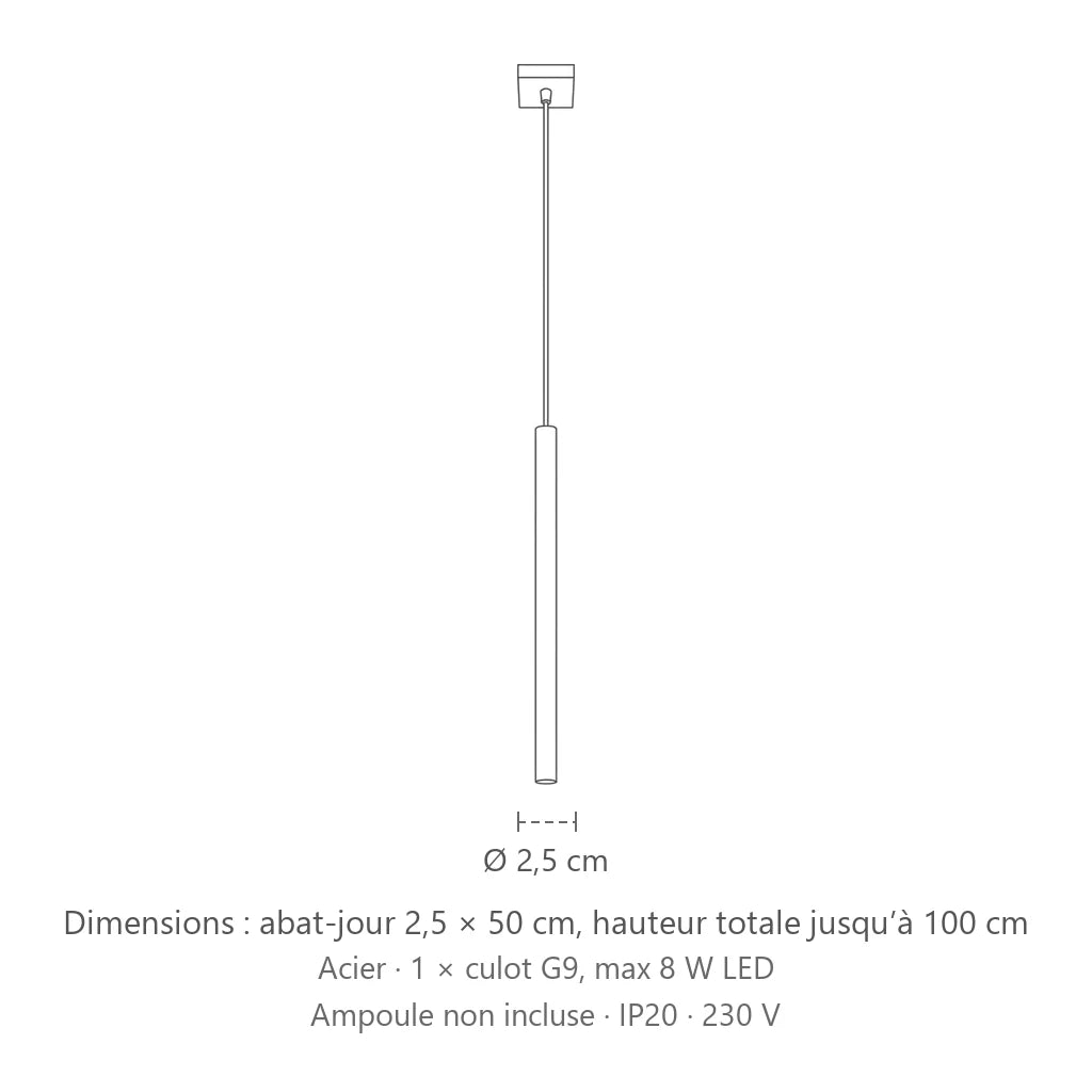 Dimensions : suspension tube fin façon bougie (1 lumière – acier), abat-jour 2,5 × 50 cm, hauteur totale jusqu’à 100 cm
