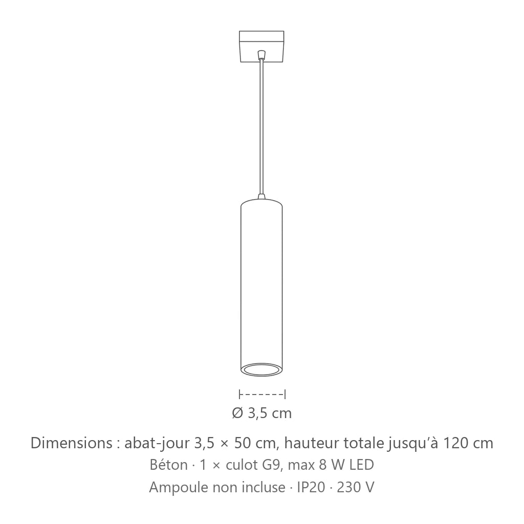 Dimensions : suspension tube fin façon bougie (1 lumière – béton), abat-jour 3,5 × 50 cm, hauteur totale jusqu’à 120 cm