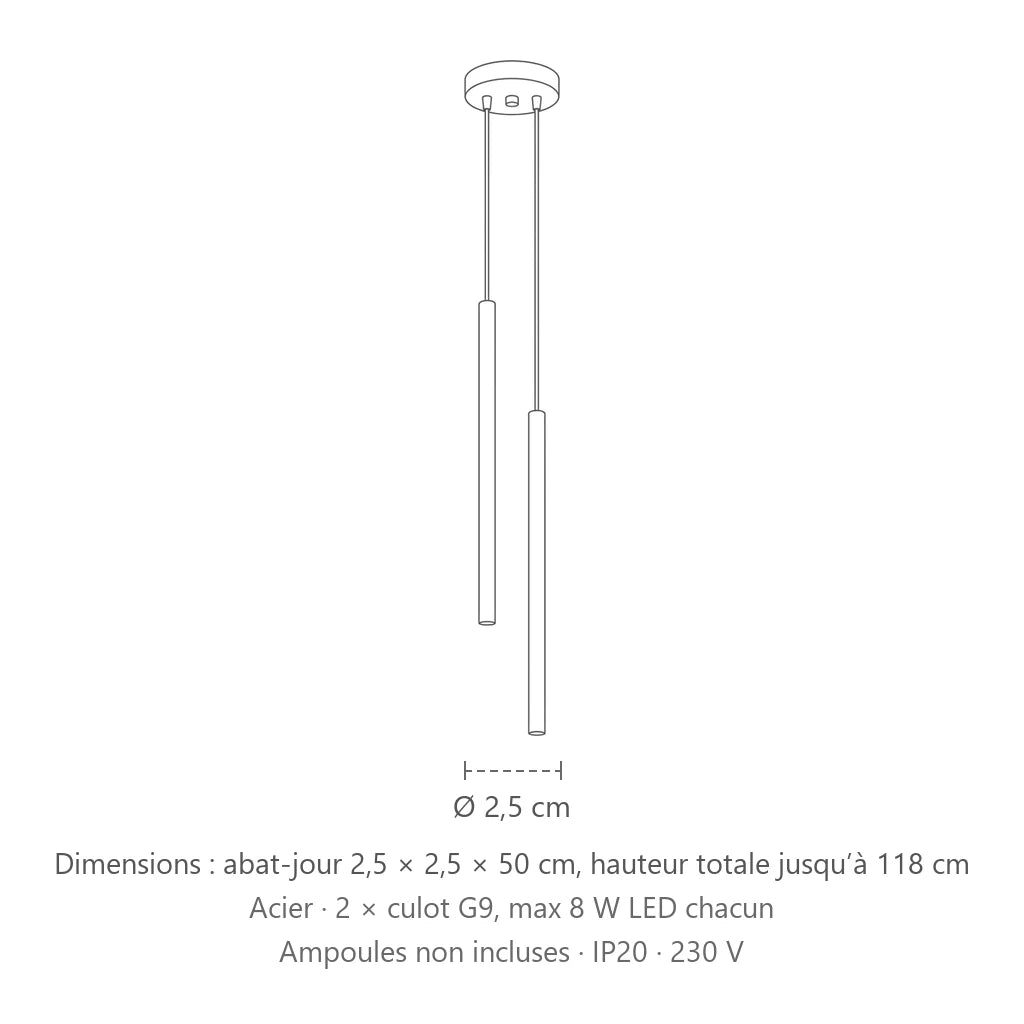 Dimensions : suspension tube fin façon bougie (2 lumières – rosace Ø 15 cm – acier), abat-jour 2,5 × 2,5 × 50 cm, hauteur totale jusqu’à 118 cm