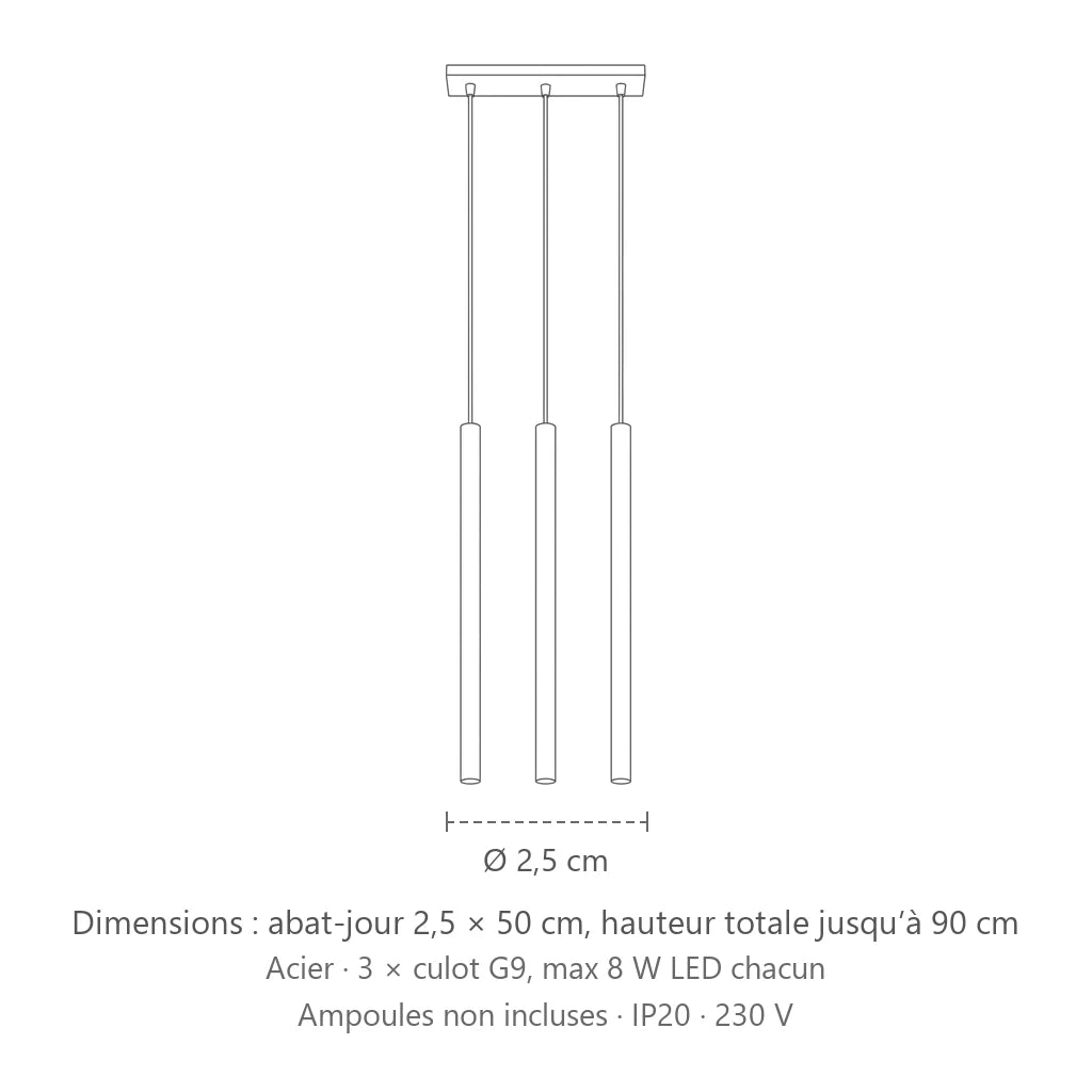 Dimensions : suspension tube fin façon bougie (3 lumières – barre 30 cm – acier), abat-jour 2,5 × 50 cm, hauteur totale jusqu’à 90 cm