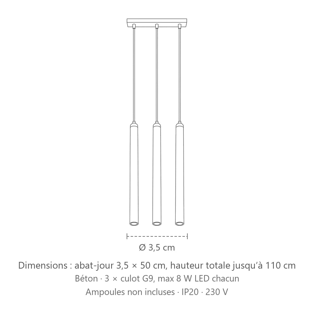 Dimensions : suspension tube fin façon bougie (3 lumières – barre 30 cm – béton), abat-jour 3,5 × 50 cm, hauteur totale jusqu’à 110 cm