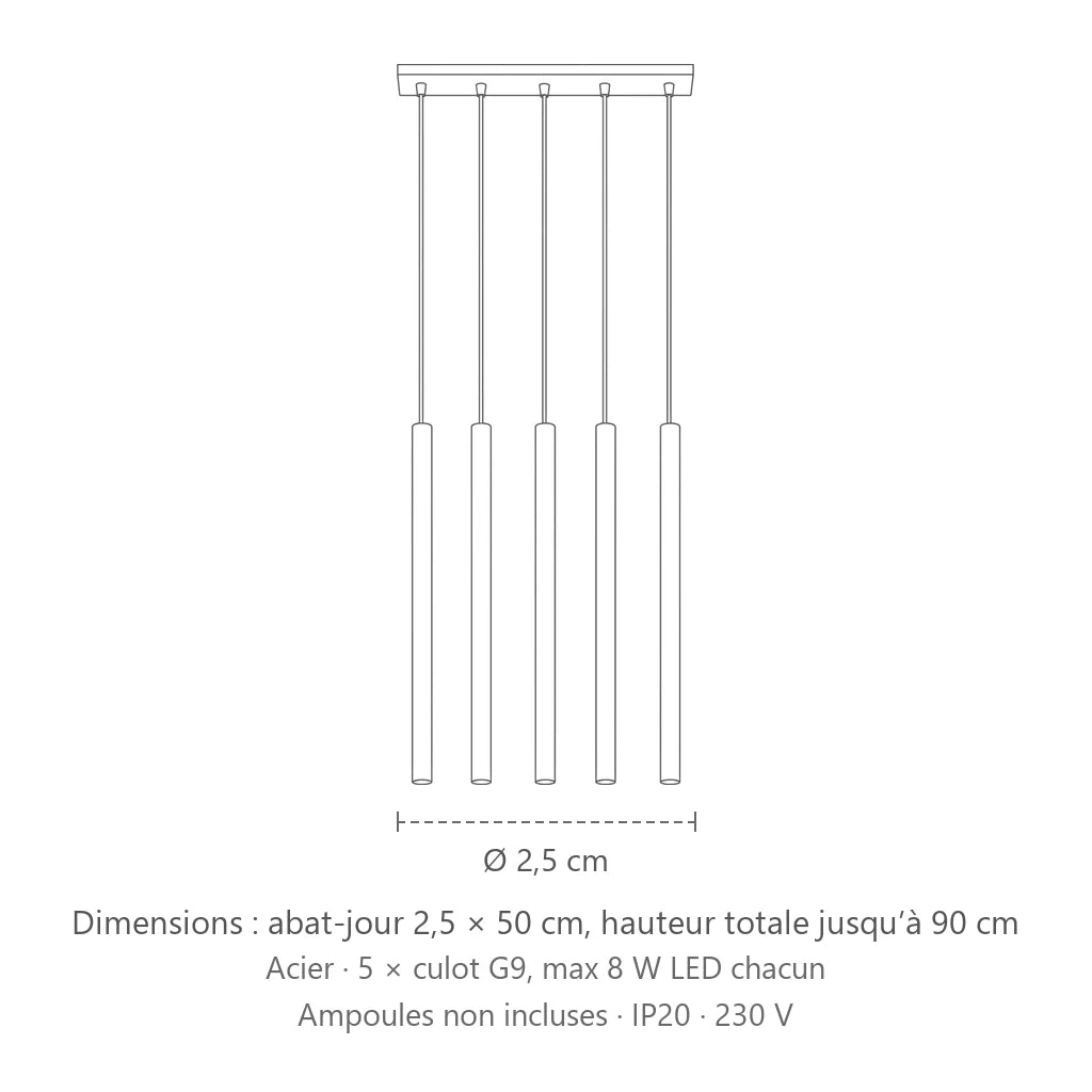 Dimensions : suspension tube fin façon bougie (5 lumières – barre 45 cm – acier), abat-jour 2,5 × 50 cm, hauteur totale jusqu’à 90 cm