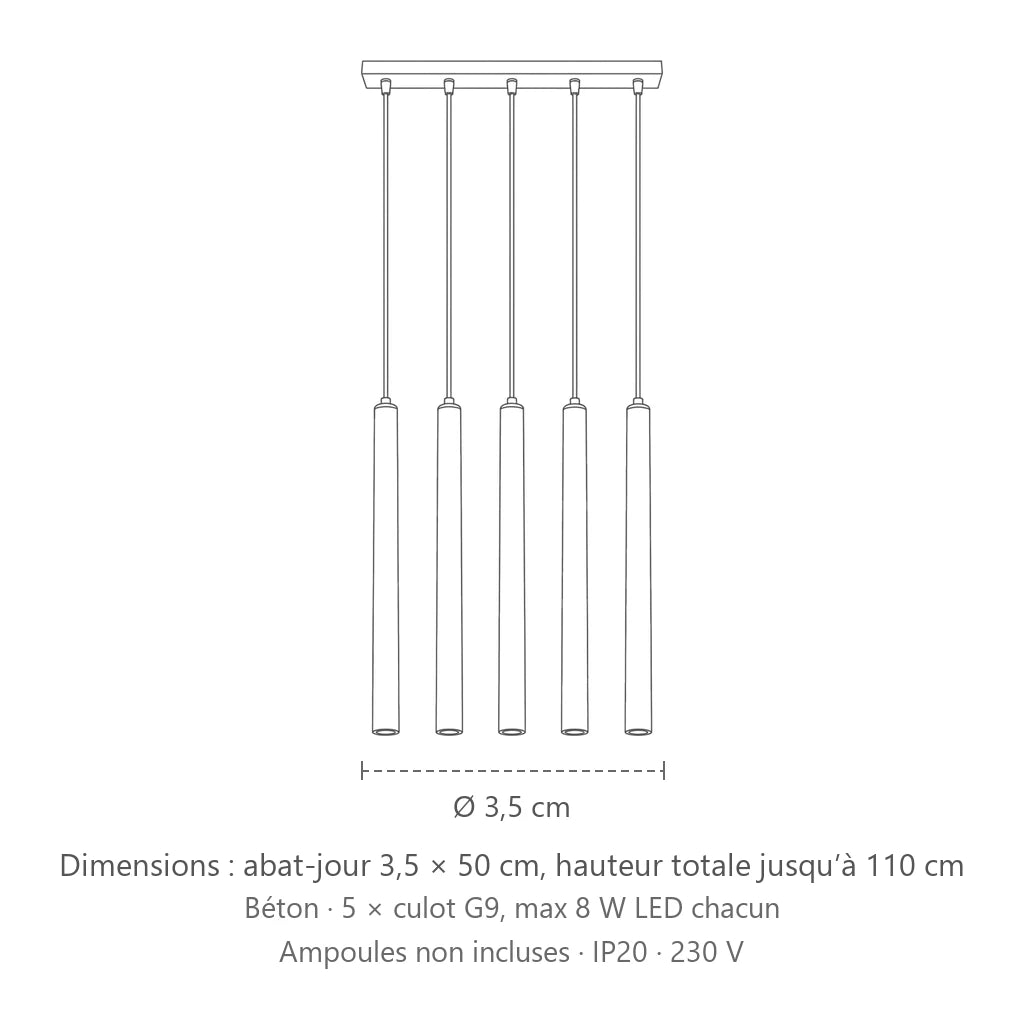 Dimensions : suspension tube fin façon bougie (5 lumières – barre 45 cm – béton), abat-jour 3,5 × 50 cm, hauteur totale jusqu’à 110 cm