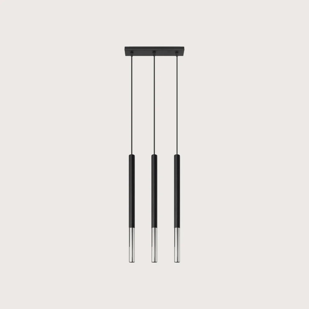 Suspension tube fin noir et métal, coloris noir et chromé (3 lumières – barre 30 cm)