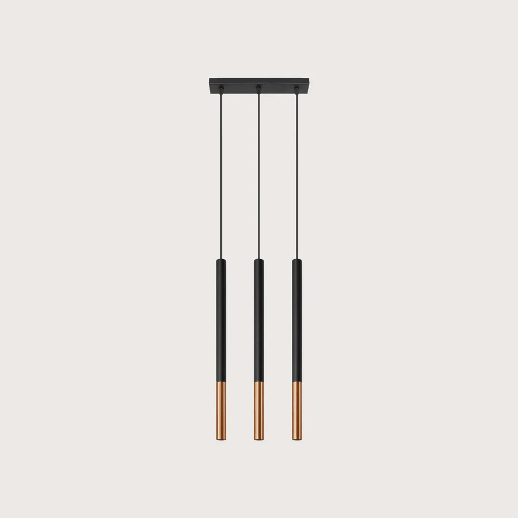 Suspension tube fin noir et métal, coloris noir et cuivre (3 lumières – barre 30 cm)