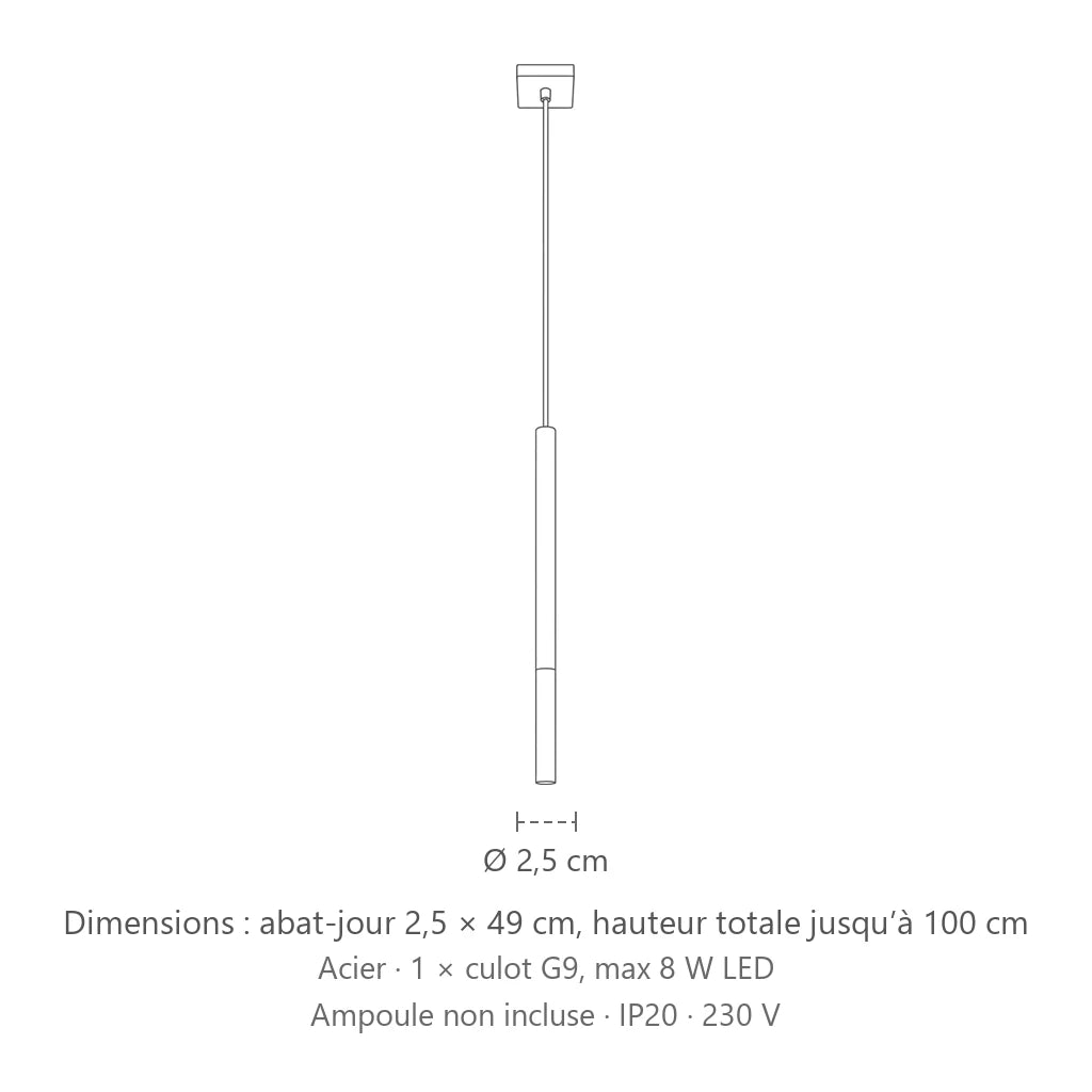 Dimensions : suspension tube fin noir et métal (1 lumière), abat-jour 2,5 × 49 cm, hauteur totale jusqu’à 100 cm