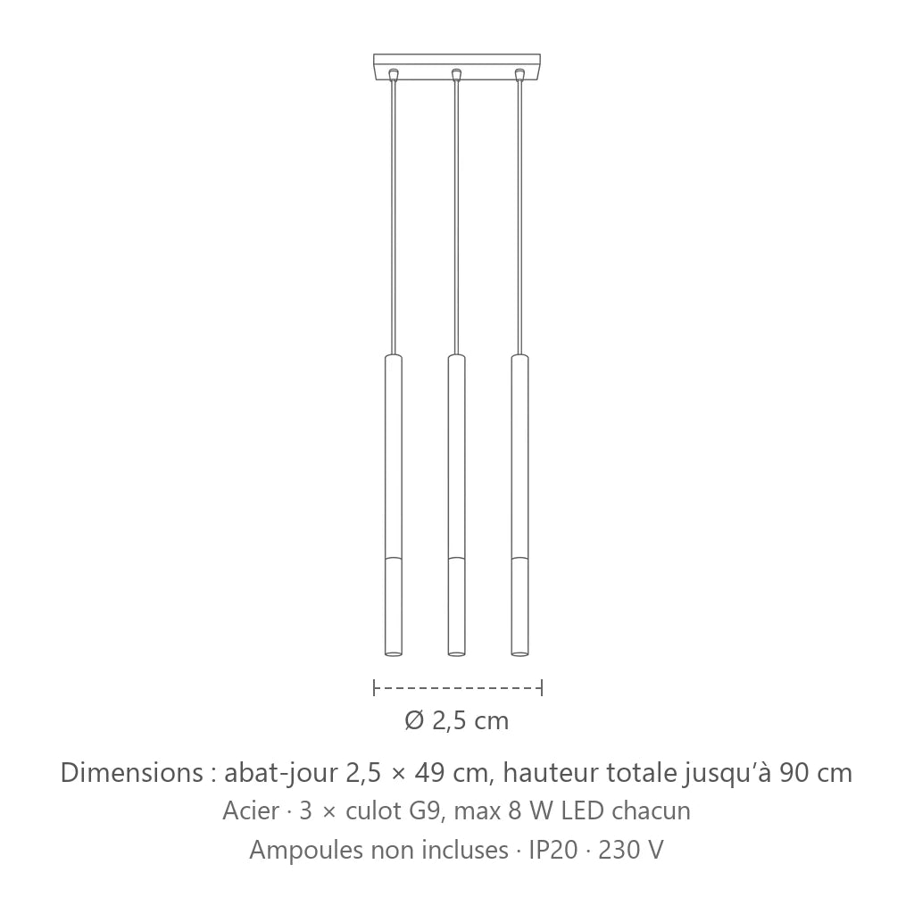 Dimensions : suspension tube fin noir et métal (3 lumières – barre 30 cm), abat-jour 2,5 × 49 cm, hauteur totale jusqu’à 90 cm