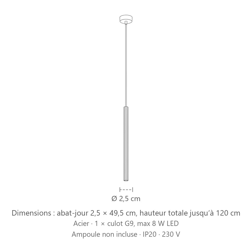 Dimensions : suspension tube fin strié, abat-jour 2,5 × 49,5 cm, hauteur totale jusqu’à 120 cm