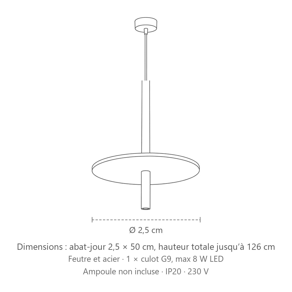 Dimensions : suspension tube noir à disque de feutre coloré, abat-jour 2,5 × 50 cm, hauteur totale jusqu’à 126 cm