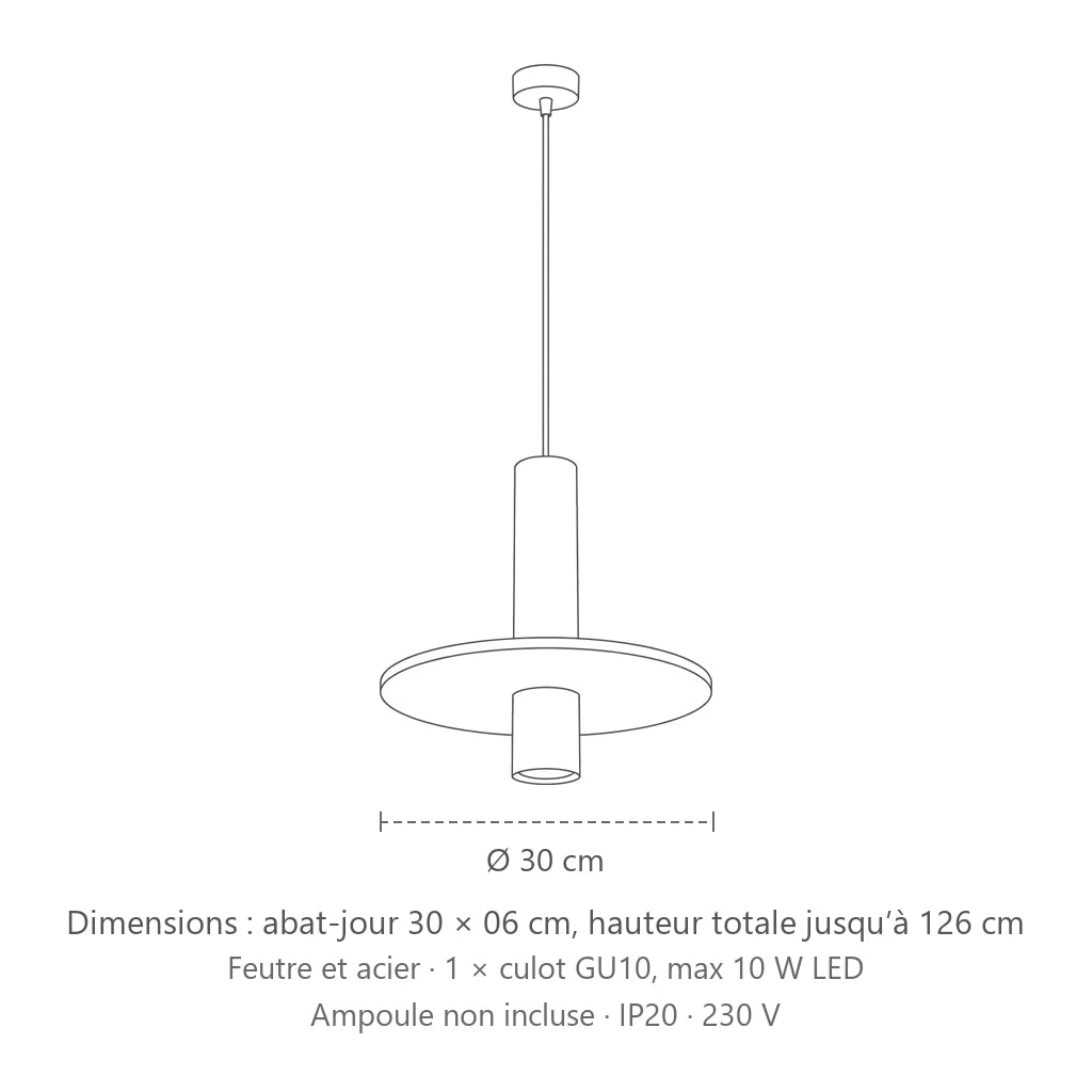 Dimensions : suspension tube noir épais à disque de feutre, abat-jour 30 × 06 cm, hauteur totale jusqu’à 126 cm