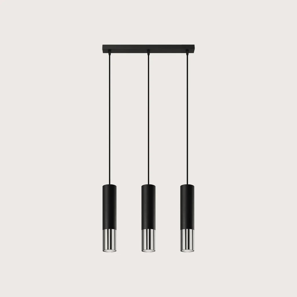 Suspension tube noir et métal, coloris noir et chromé (3 lumières – barre 45 cm)