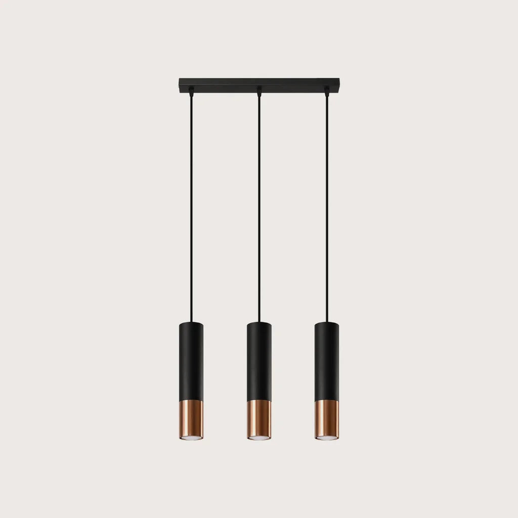 Suspension tube noir et métal, coloris noir et cuivre (3 lumières – barre 45 cm)