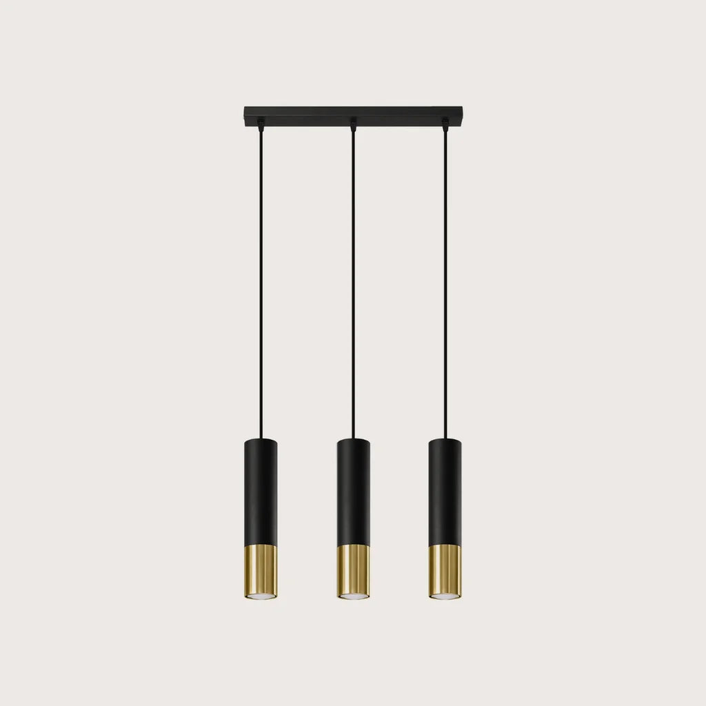 Suspension tube noir et métal, coloris noir et or (3 lumières – barre 45 cm)