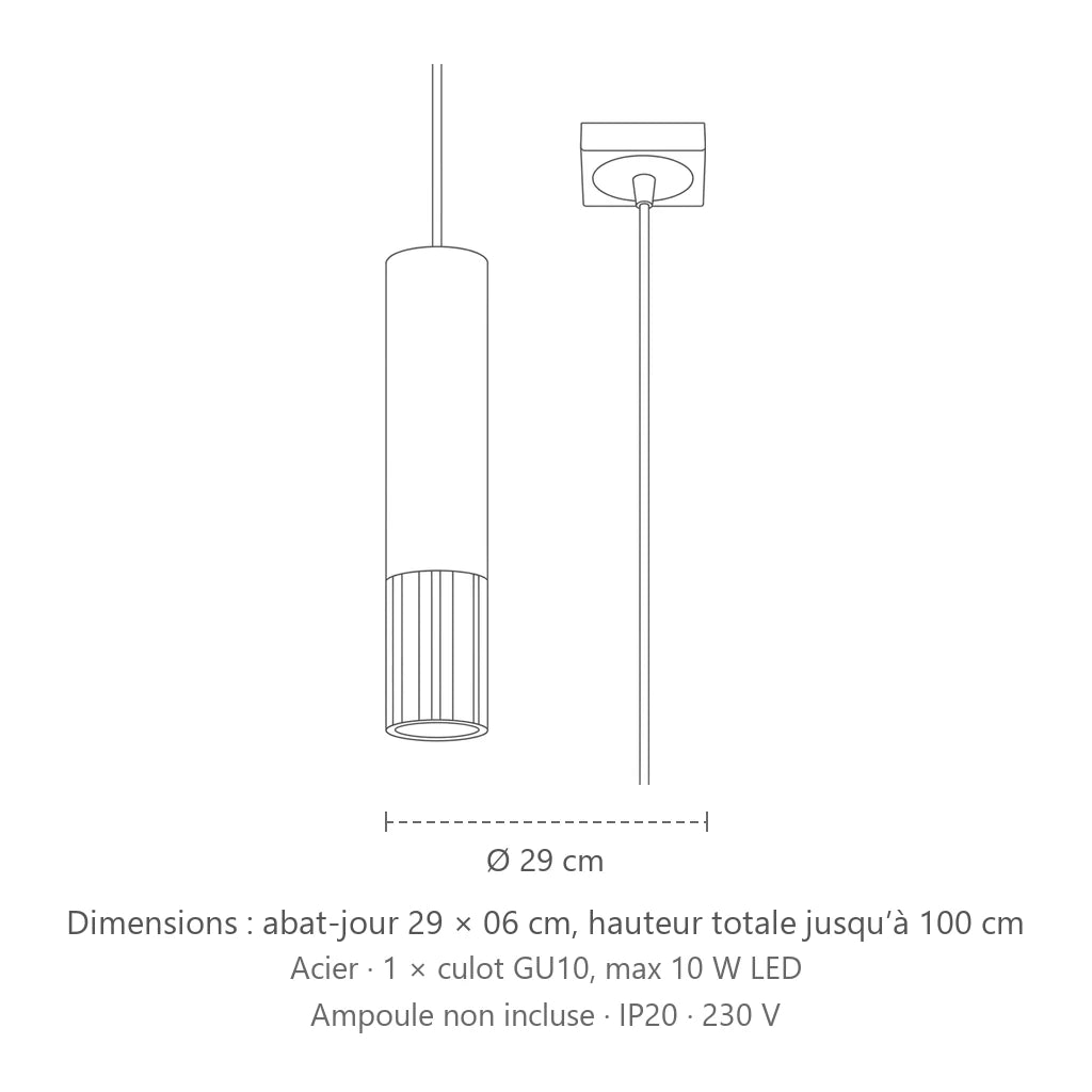 Dimensions : suspension tube noir et métal (1 lumière), abat-jour 29 × 06 cm, hauteur totale jusqu’à 100 cm