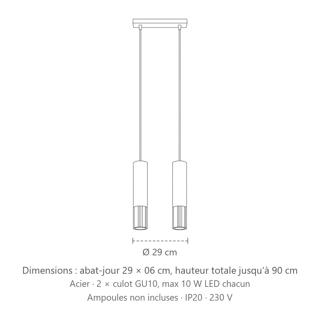 Dimensions : suspension tube noir et métal (2 lumières – barre 30 cm), abat-jour 29 × 06 cm, hauteur totale jusqu’à 90 cm