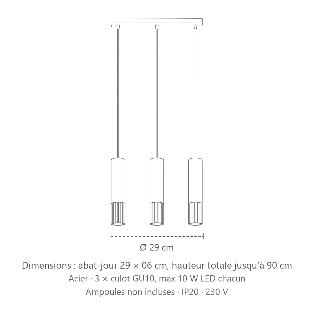 Dimensions : suspension tube noir et métal (3 lumières – barre 45 cm), abat-jour 29 × 06 cm, hauteur totale jusqu’à 90 cm