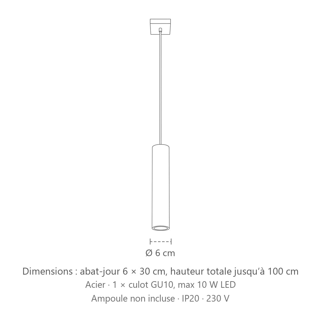 Dimensions : suspension tube spot en acier (1 lumière), abat-jour 6 × 30 cm, hauteur totale jusqu’à 100 cm