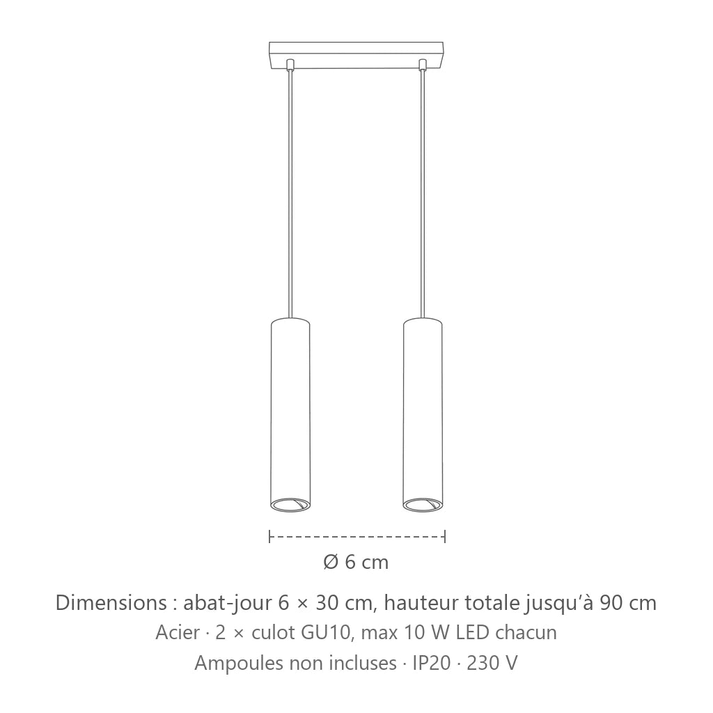 Dimensions : suspension tube spot en acier (2 lumières – barre 30 cm), abat-jour 6 × 30 cm, hauteur totale jusqu’à 90 cm