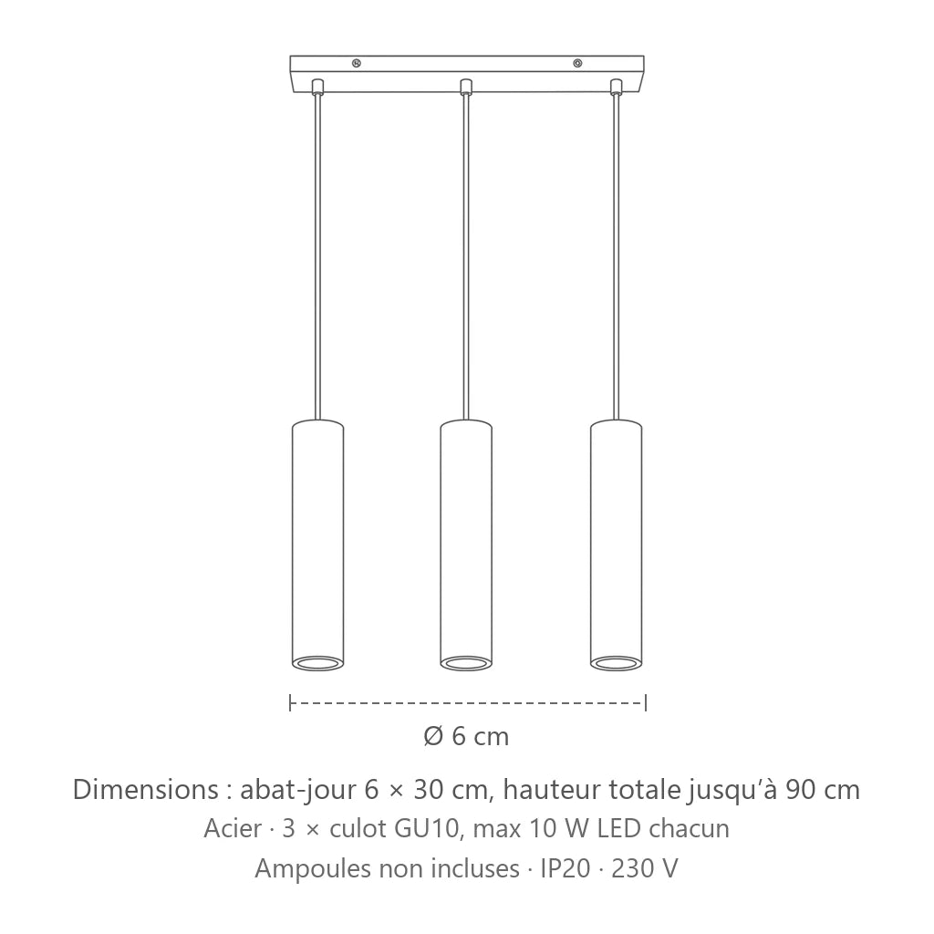 Dimensions : suspension tube spot en acier (3 lumières – barre 45 cm), abat-jour 6 × 30 cm, hauteur totale jusqu’à 90 cm