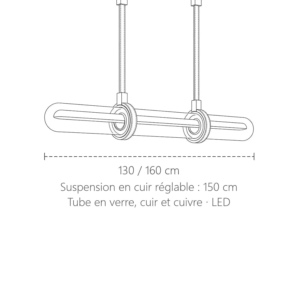 Dimensions de la suspension tube de verre et cuir : 130 ou 160 cm de long