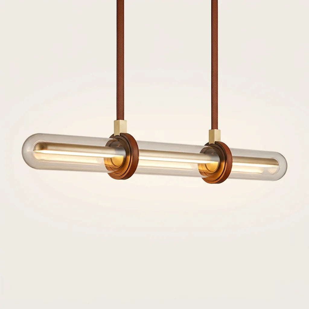 Suspension en long tube de verre avec anneaux gainés de cuir