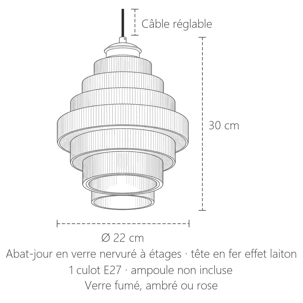 Dimensions de la suspension en verre à étages : Ø 22 cm, 30 cm de haut