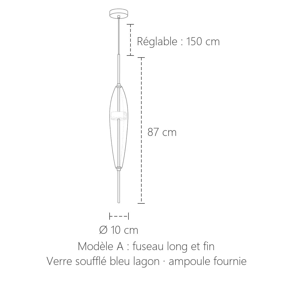 Dimensions de la suspension en verre bleu lagon, modèle A : Ø 10 cm, 87 cm