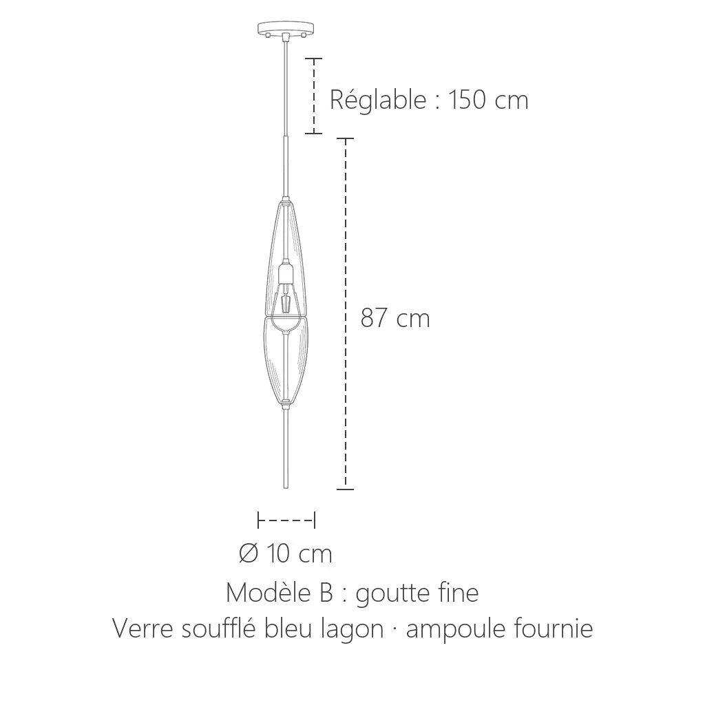 Dimensions de la suspension en verre bleu lagon, modèle B : Ø 10 cm, 87 cm