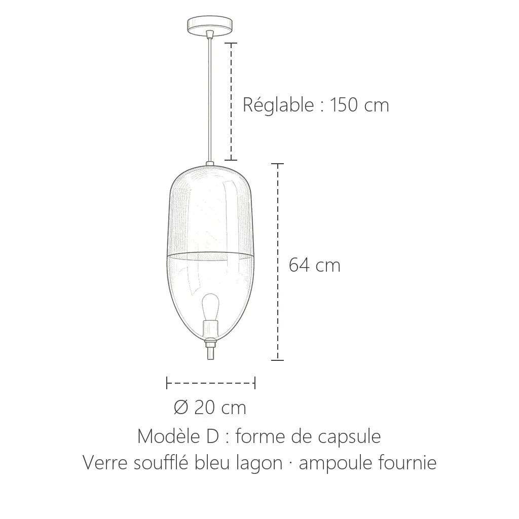 Dimensions de la suspension en verre bleu lagon, modèle D : Ø 20 cm, 64 cm