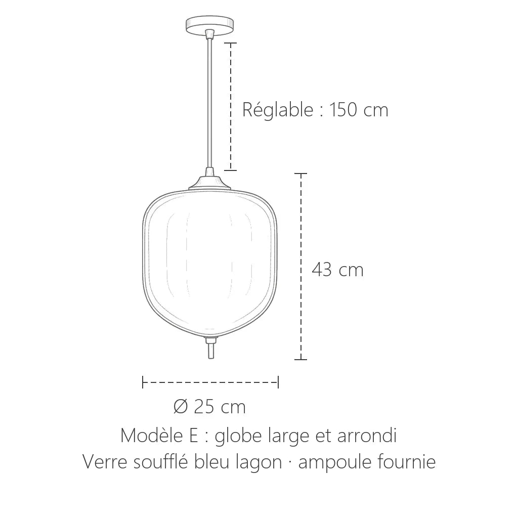 Dimensions de la suspension en verre bleu lagon, modèle E : Ø 25 cm, 43 cm