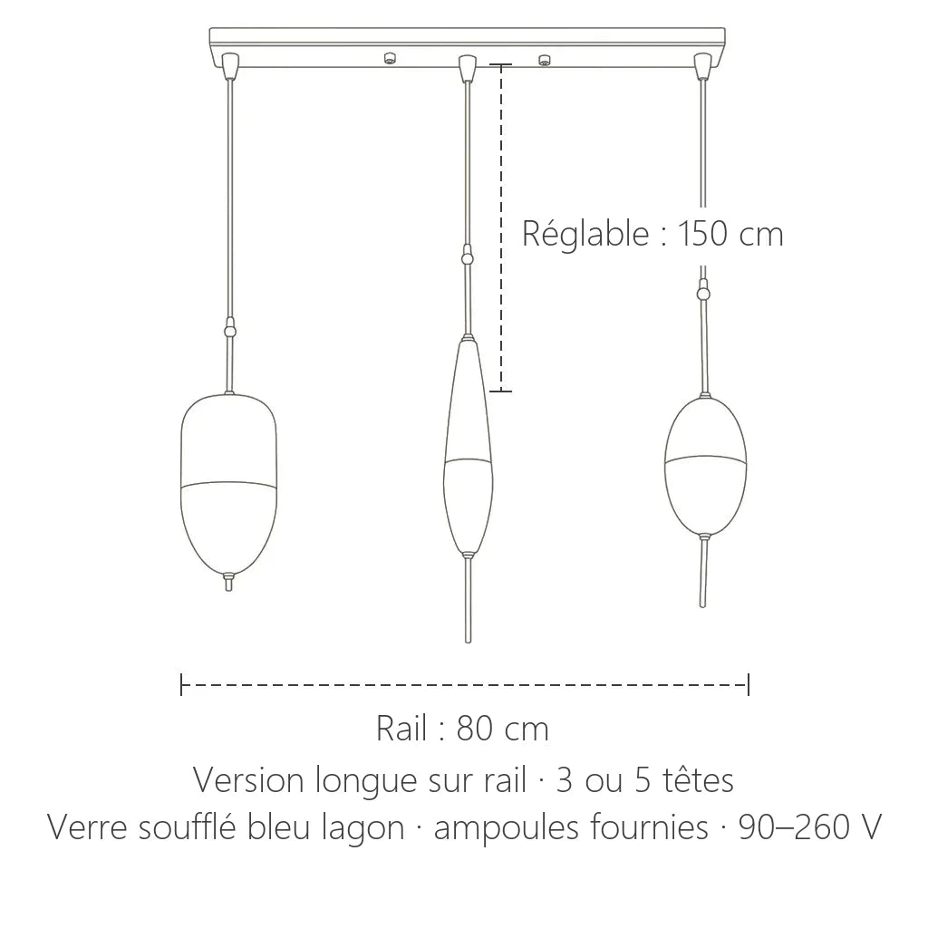 Dimensions de la suspension en verre bleu lagon sur rail de 80 cm