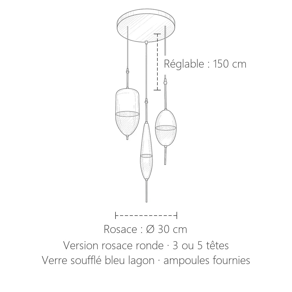 Dimensions de la suspension en verre bleu lagon sur rosace ronde Ø 30 cm