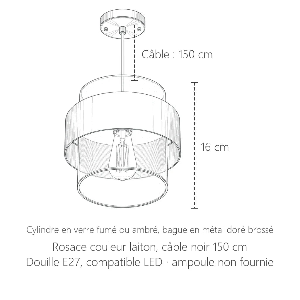 Dimensions de la suspension cylindre en verre à bague dorée : 16 cm de haut, câble 150 cm