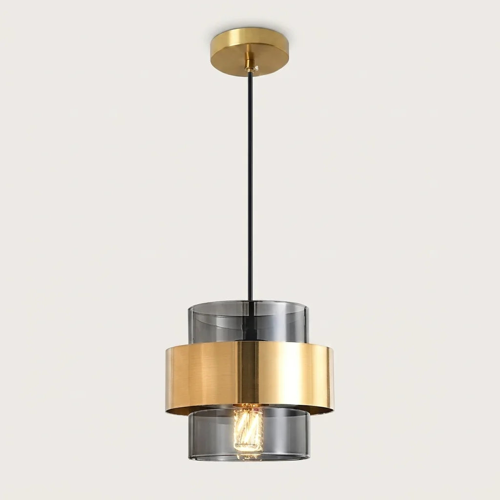 Suspension cylindre en verre fumé à bague dorée